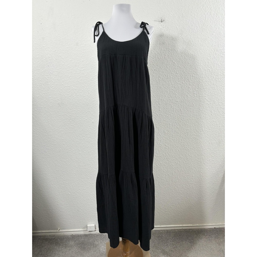 L*SPACE Dress Womens XS Black Ava Maxi Tiered Crinkle Gauze Cotton Tie‎ Straps